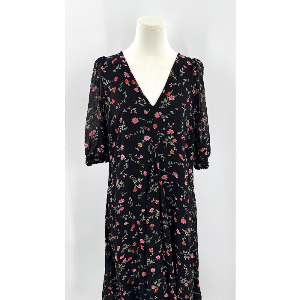 Ganni Black Elm Floral Georgette Midi Dress V-neck Cottagecore Grannycore 38 6 S